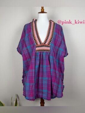 Free People Mari Crochet and Plaid Poncho